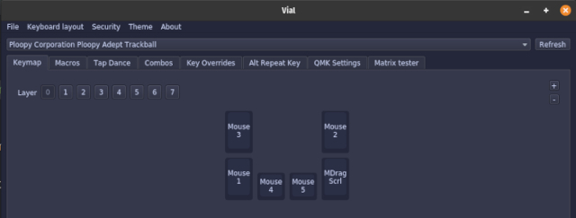 Screenshot of the Vial application showing the Adept button layout rotated by 180 degrees from the default
